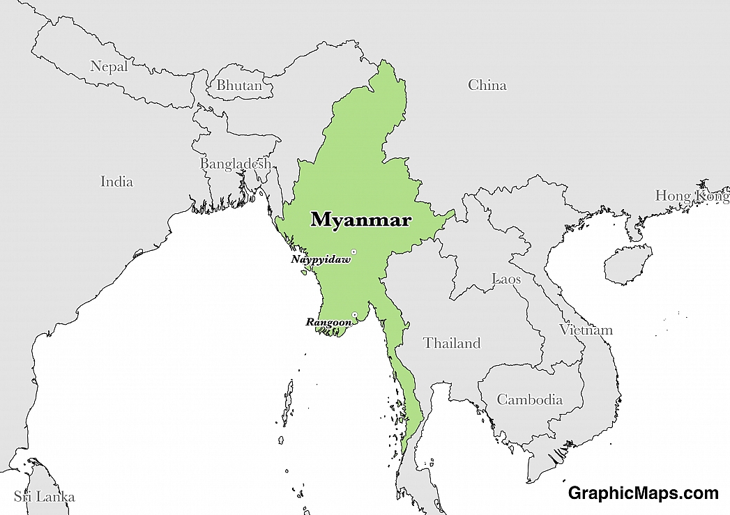 Map showing the location of Myanmar